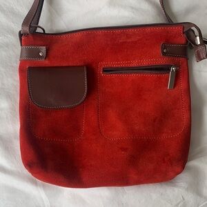 Vintage Bright Red Suede Shoulder Bag with Interesting front details